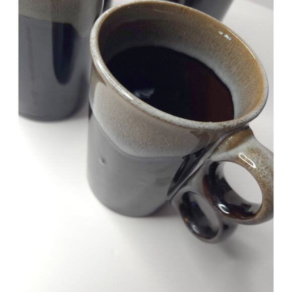 Set of 4 Vintage Brown Drip Glaze Trigger Two-Finger Handle Redware Mug Japan - Picture 5 of 13